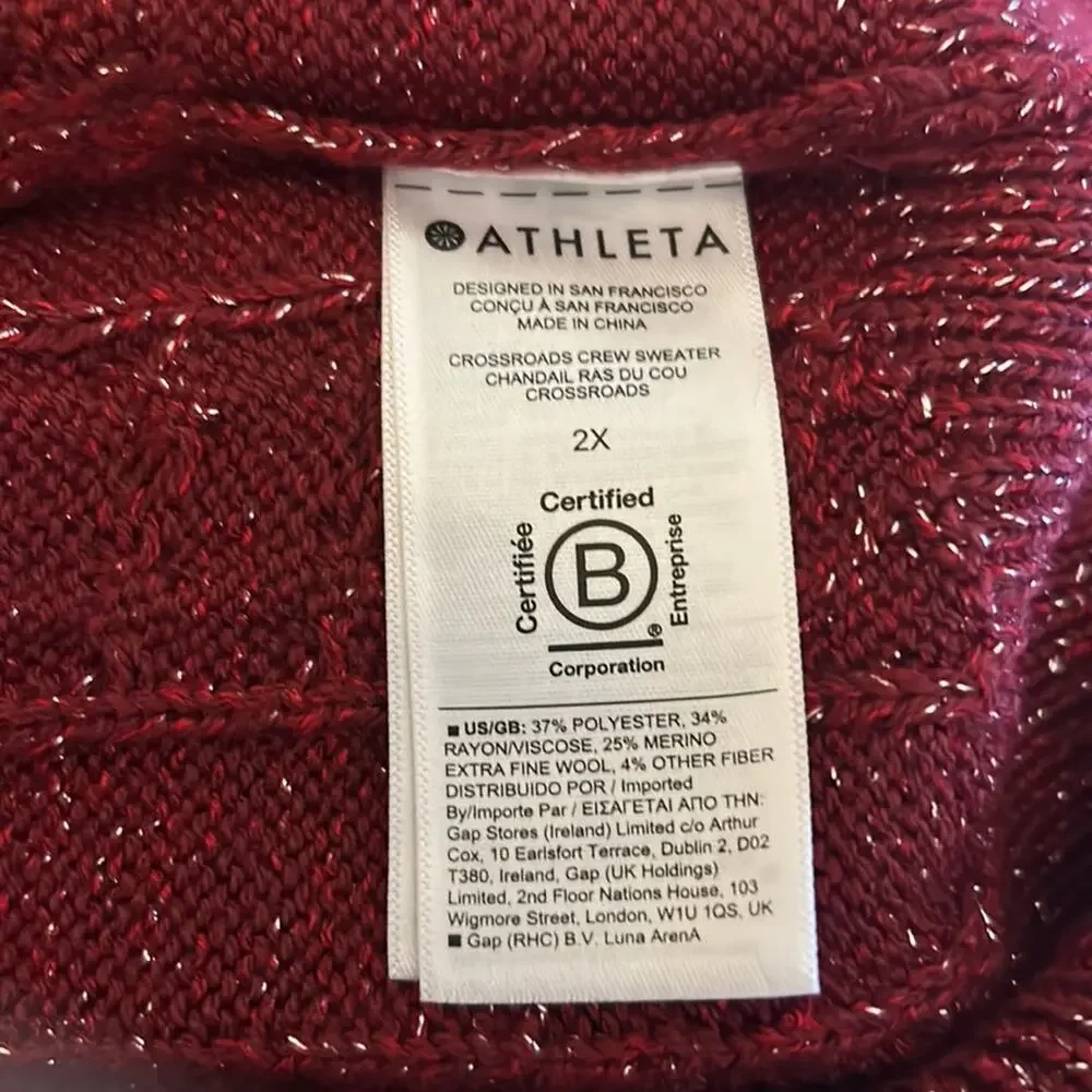 NWT Athleta decadent red metallic crew neck sweater